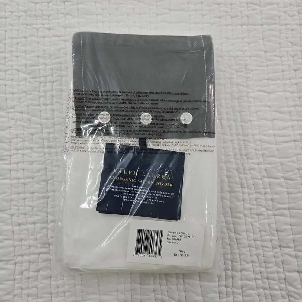 NEW Ralph Lauren Pillow Sham King Size‎ Graphite 100% Organic Sateen Border NIB